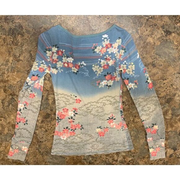 LUCKY BRAND TATTOO Asian PRINT THERMAL WAFFLE WEAVE BOHO SHIRT TOP sz M - Picture 5 of 6